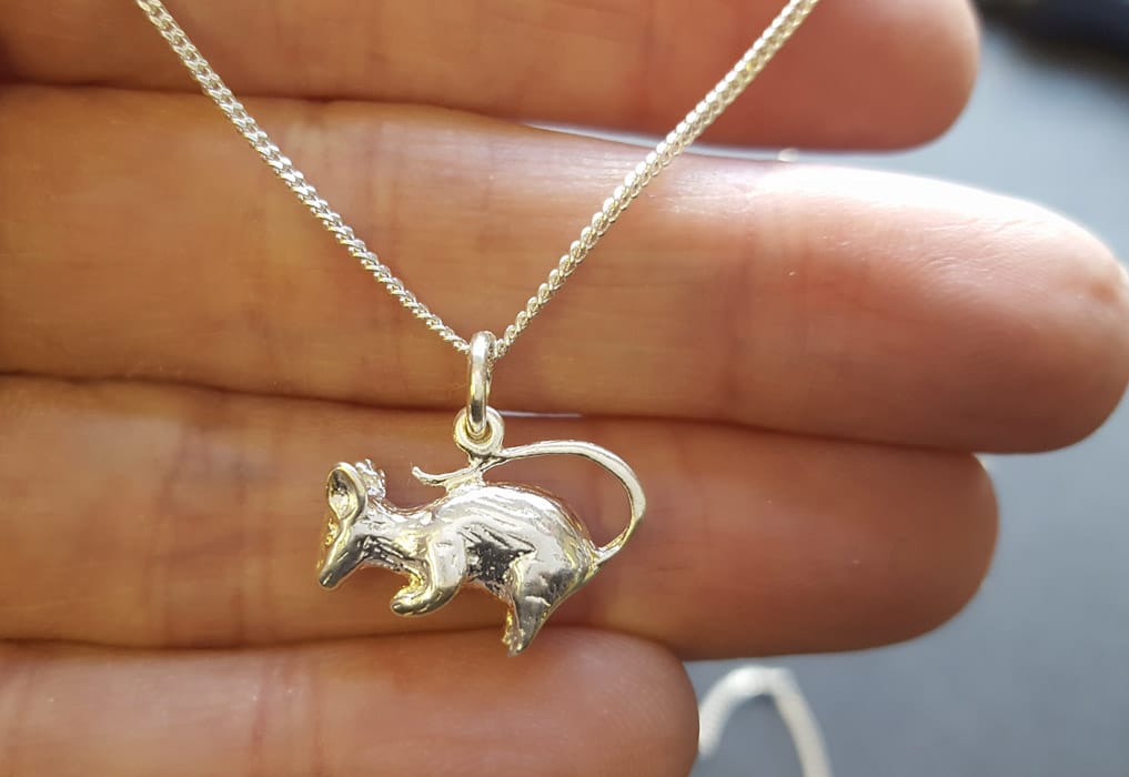 silver mouse necklace, mouse charm