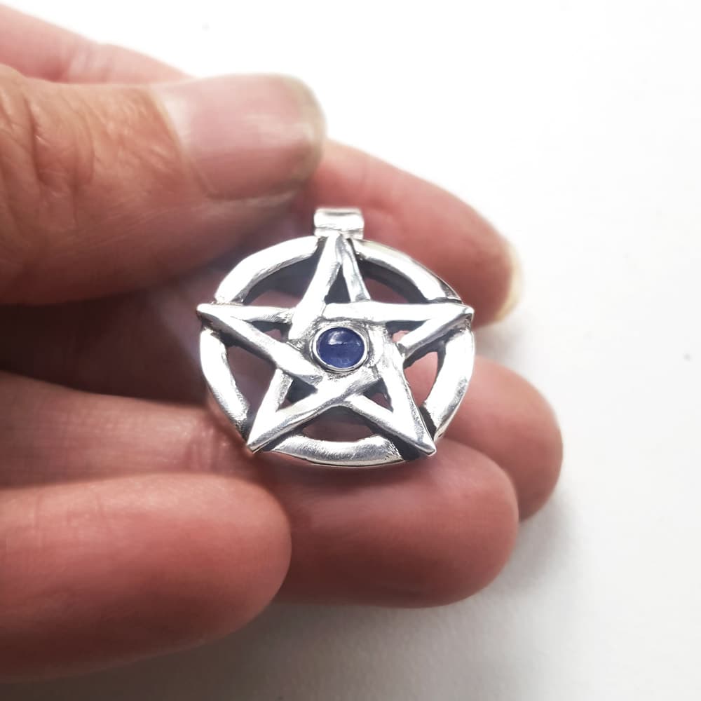 pentacle pagan necklace with blue sapphire , pentagram necklace
