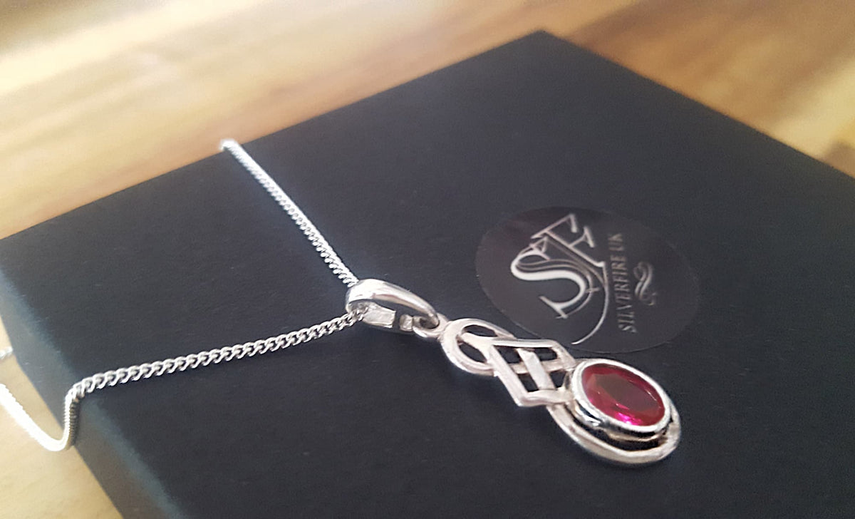 Celtic necklace for women with created ruby, from silverfire UK celtic jewellery 