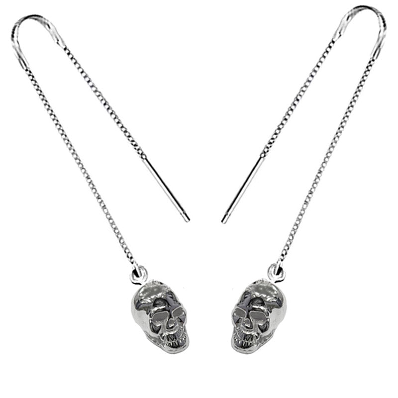 Silver Skull earrings, skull threaders, skull pull through earrings