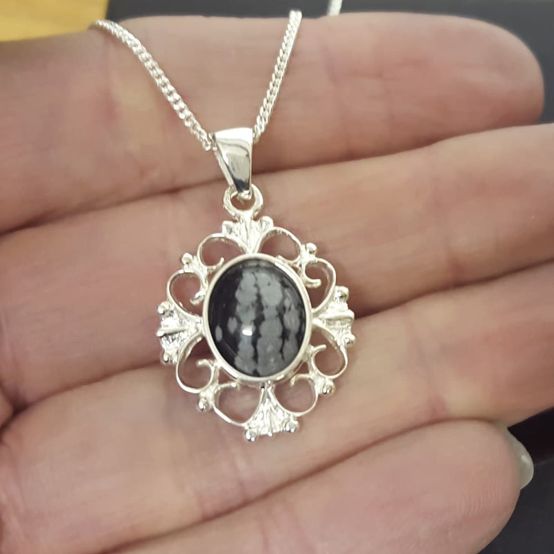 snowflake obsidian silver necklace 