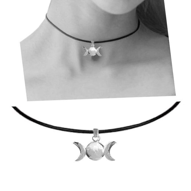 triple moon leather choker, pagan and wiccan witch jewellery