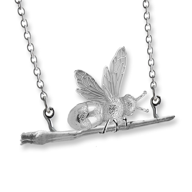 wicth bee necklace, handmade silver bee necklace, mason bee on a broom-stick